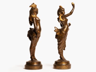 Exquisite 19th-century Art Nouveau sculptures, "Woman Rooster" and "Woman Hen." Crafted by renowned artists A. Grevin and F. Beer