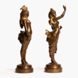 Exquisite 19th-century Art Nouveau sculptures, "Woman Rooster" and "Woman Hen." Crafted by renowned artists A. Grevin and F. Beer