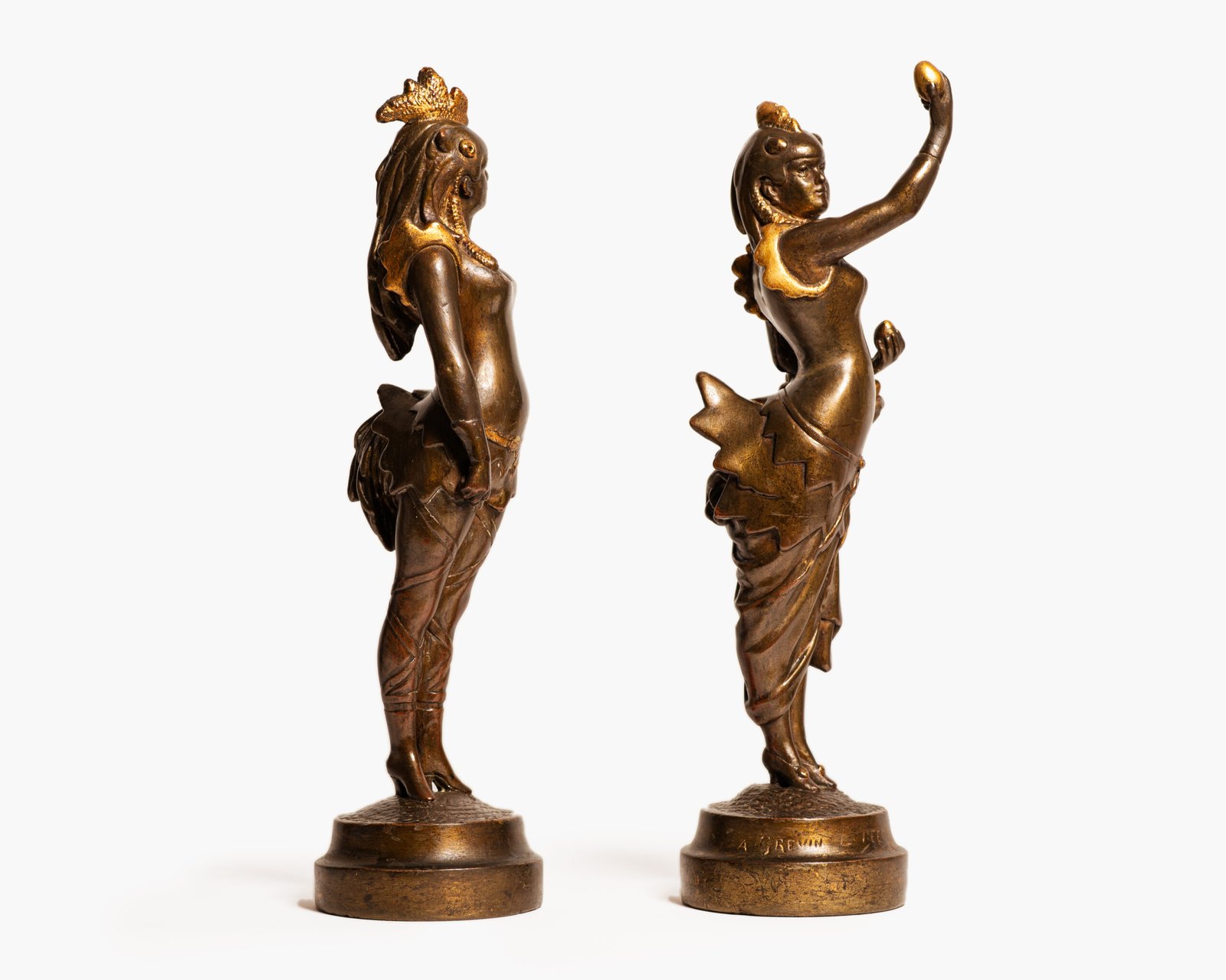 Exquisite 19th-century Art Nouveau sculptures, "Woman Rooster" and "Woman Hen." Crafted by renowned artists A. Grevin and F. Beer