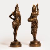 Exquisite 19th-century Art Nouveau sculptures, "Woman Rooster" and "Woman Hen." Crafted by renowned artists A. Grevin and F. Beer