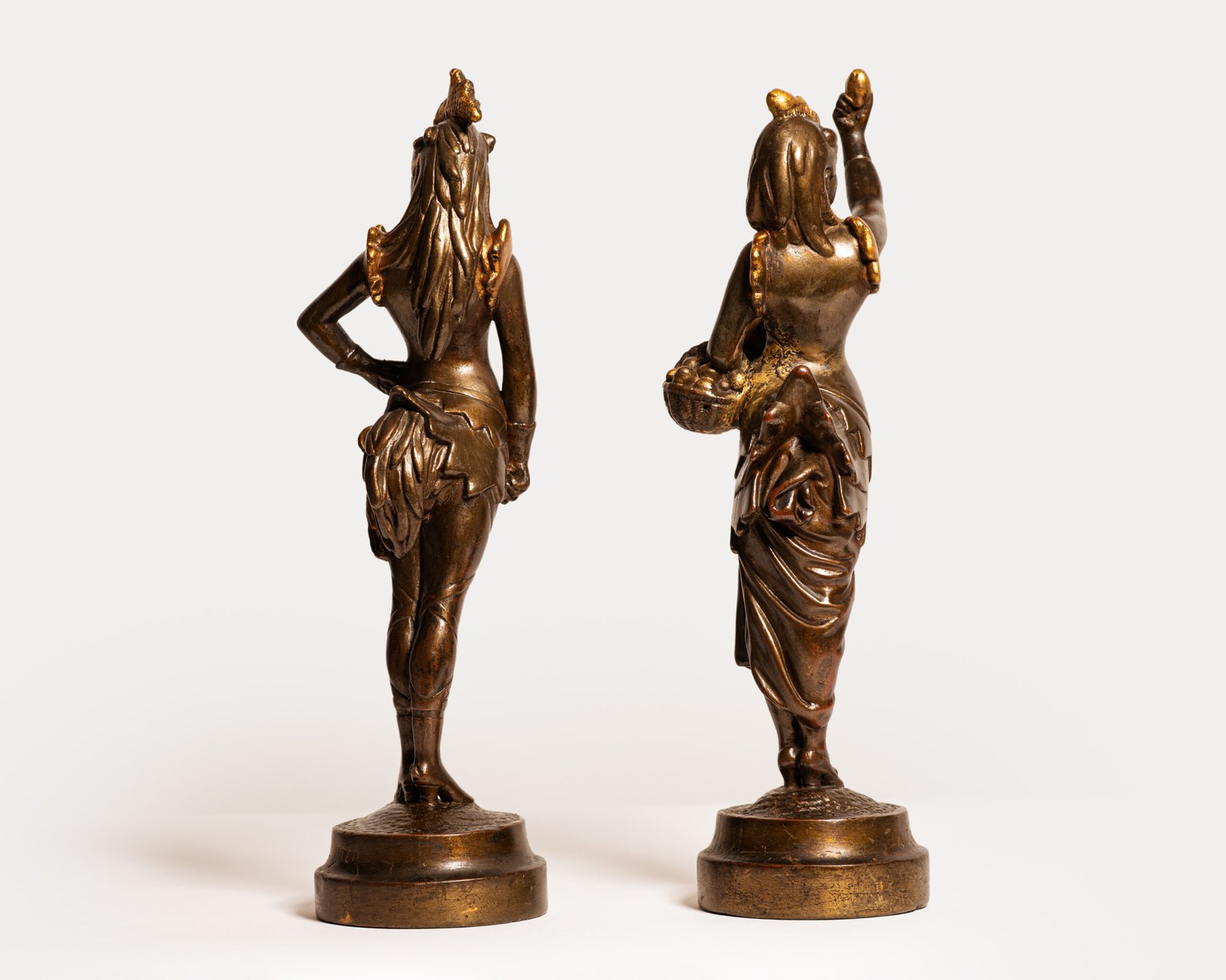 Exquisite 19th-century Art Nouveau sculptures, "Woman Rooster" and "Woman Hen." Crafted by renowned artists A. Grevin and F. Beer