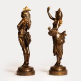 Exquisite 19th-century Art Nouveau sculptures, "Woman Rooster" and "Woman Hen." Crafted by renowned artists A. Grevin and F. Beer