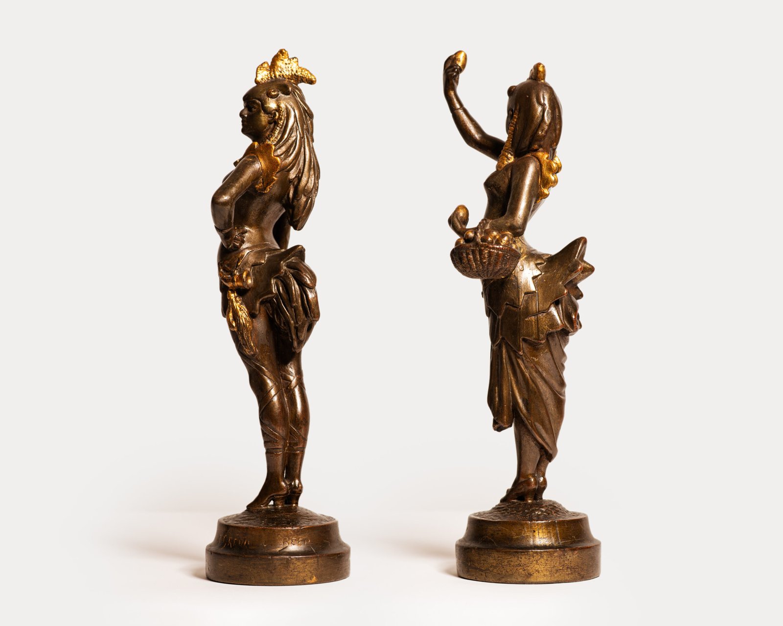 Exquisite 19th-century Art Nouveau sculptures, "Woman Rooster" and "Woman Hen." Crafted by renowned artists A. Grevin and F. Beer