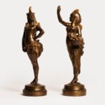 Exquisite 19th-century Art Nouveau sculptures, "Woman Rooster" and "Woman Hen." Crafted by renowned artists A. Grevin and F. Beer