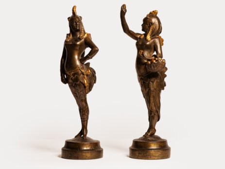 Exquisite 19th-century Art Nouveau sculptures, "Woman Rooster" and "Woman Hen." Crafted by renowned artists A. Grevin and F. Beer