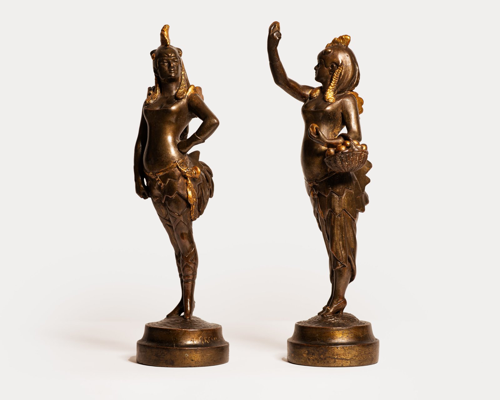 Exquisite 19th-century Art Nouveau sculptures, "Woman Rooster" and "Woman Hen." Crafted by renowned artists A. Grevin and F. Beer