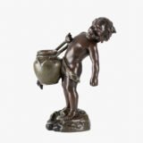 Sculpture by Auguste Moreau “Le pot cassé” 19th century A boy carries a large broken water pitcher pouring the contents, the green patinated pitcher is a small vase. The figure, a fine example of late 19th century French Art Nouveau, is finely cast in patinated technical zinc.