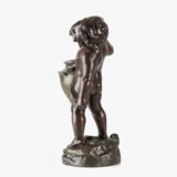 Sculpture by Auguste Moreau “Le pot cassé” 19th century A boy carries a large broken water pitcher pouring the contents, the green patinated pitcher is a small vase. The figure, a fine example of late 19th century French Art Nouveau, is finely cast in patinated technical zinc.