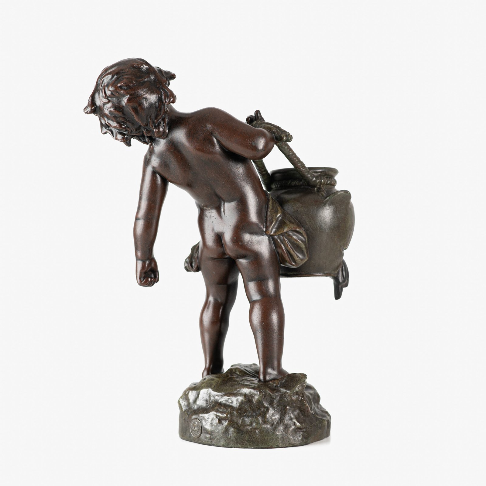 Sculpture by Auguste Moreau “Le pot cassé” 19th century A boy carries a large broken water pitcher pouring the contents, the green patinated pitcher is a small vase. The figure, a fine example of late 19th century French Art Nouveau, is finely cast in patinated technical zinc.