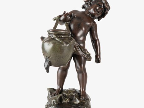 Sculpture by Auguste Moreau “Le pot cassé” 19th century A boy carries a large broken water pitcher pouring the contents, the green patinated pitcher is a small vase. The figure, a fine example of late 19th century French Art Nouveau, is finely cast in patinated technical zinc.