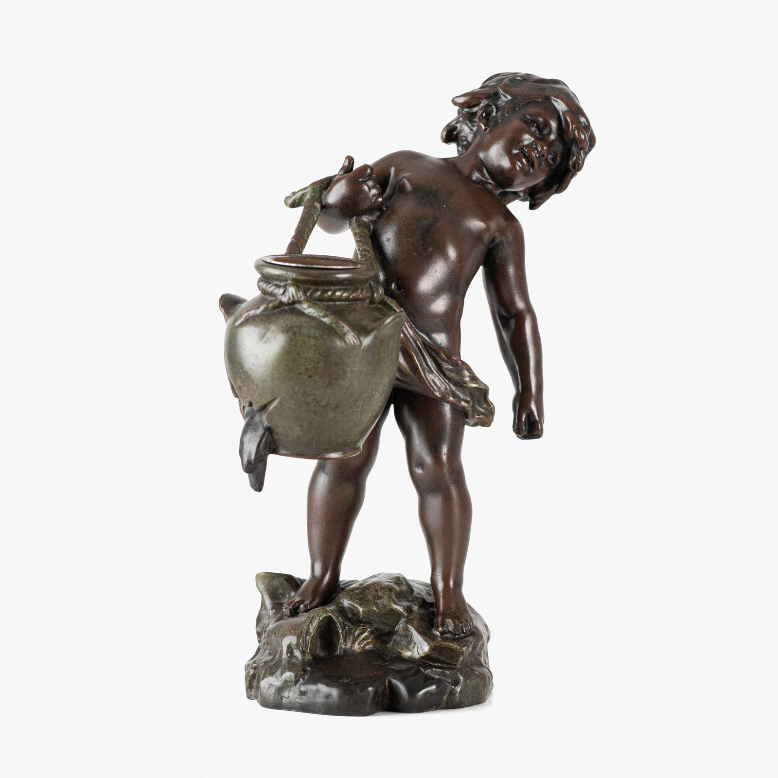 Sculpture by Auguste Moreau “Le pot cassé” 19th century A boy carries a large broken water pitcher pouring the contents, the green patinated pitcher is a small vase. The figure, a fine example of late 19th century French Art Nouveau, is finely cast in patinated technical zinc.