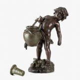 Sculpture by Auguste Moreau “Le pot cassé” 19th century A boy carries a large broken water pitcher pouring the contents, the green patinated pitcher is a small vase. The figure, a fine example of late 19th century French Art Nouveau, is finely cast in patinated technical zinc.