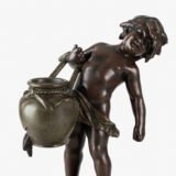 Sculpture by Auguste Moreau “Le pot cassé” 19th century A boy carries a large broken water pitcher pouring the contents, the green patinated pitcher is a small vase. The figure, a fine example of late 19th century French Art Nouveau, is finely cast in patinated technical zinc.