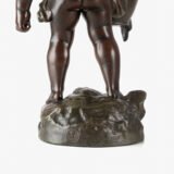 Sculpture by Auguste Moreau “Le pot cassé” 19th century A boy carries a large broken water pitcher pouring the contents, the green patinated pitcher is a small vase. The figure, a fine example of late 19th century French Art Nouveau, is finely cast in patinated technical zinc.