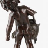 Sculpture by Auguste Moreau “Le pot cassé” 19th century A boy carries a large broken water pitcher pouring the contents, the green patinated pitcher is a small vase. The figure, a fine example of late 19th century French Art Nouveau, is finely cast in patinated technical zinc.