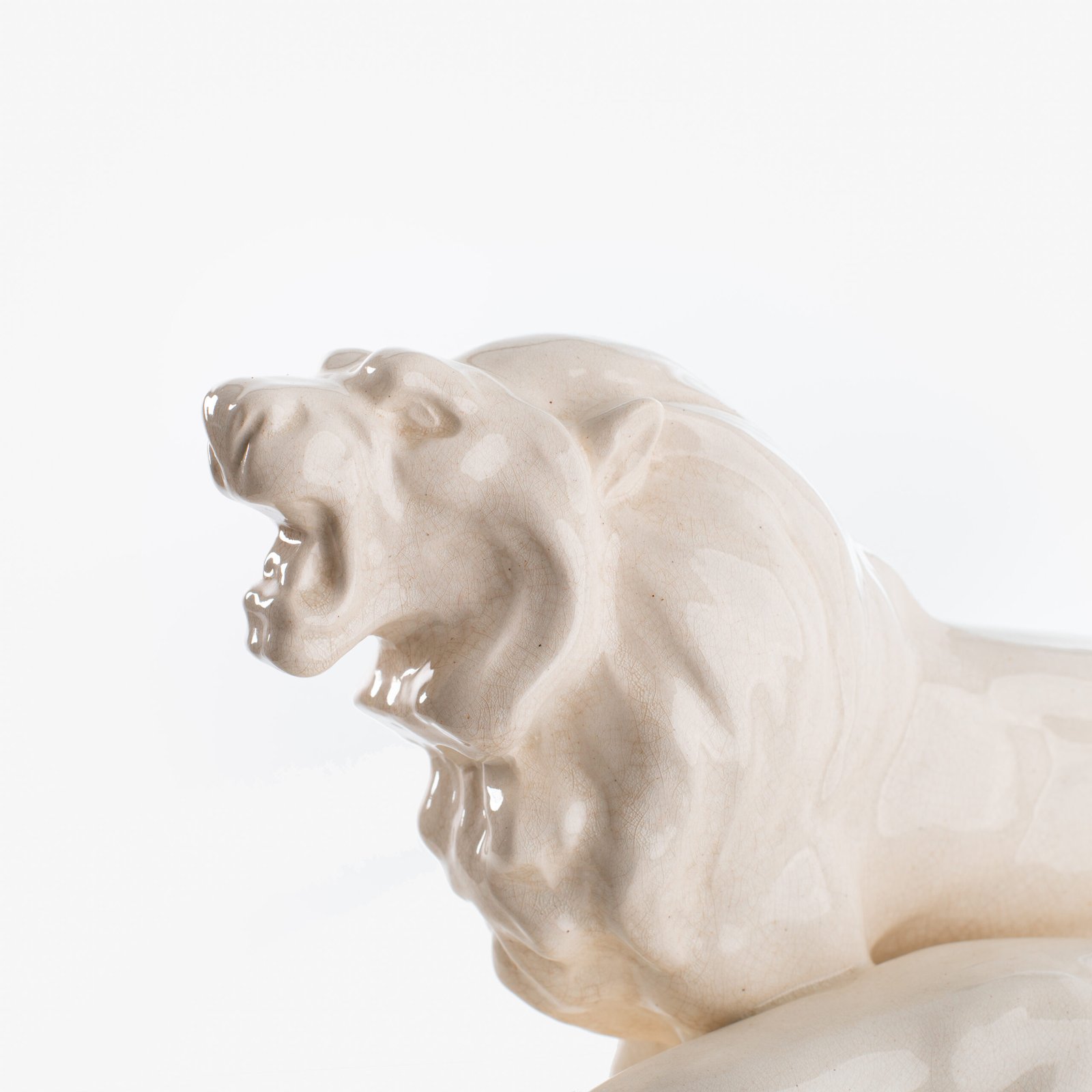 Crackle ceramic sculpture “Lion and Lioness” by L. Francois Great crackle white ceramic sculpture by the prestigious L. Francois. Made in France in the 30s of the last century by Saint-Clément. Dimensions Height 10.62 in Width 5.11 in Depth 18.5 in