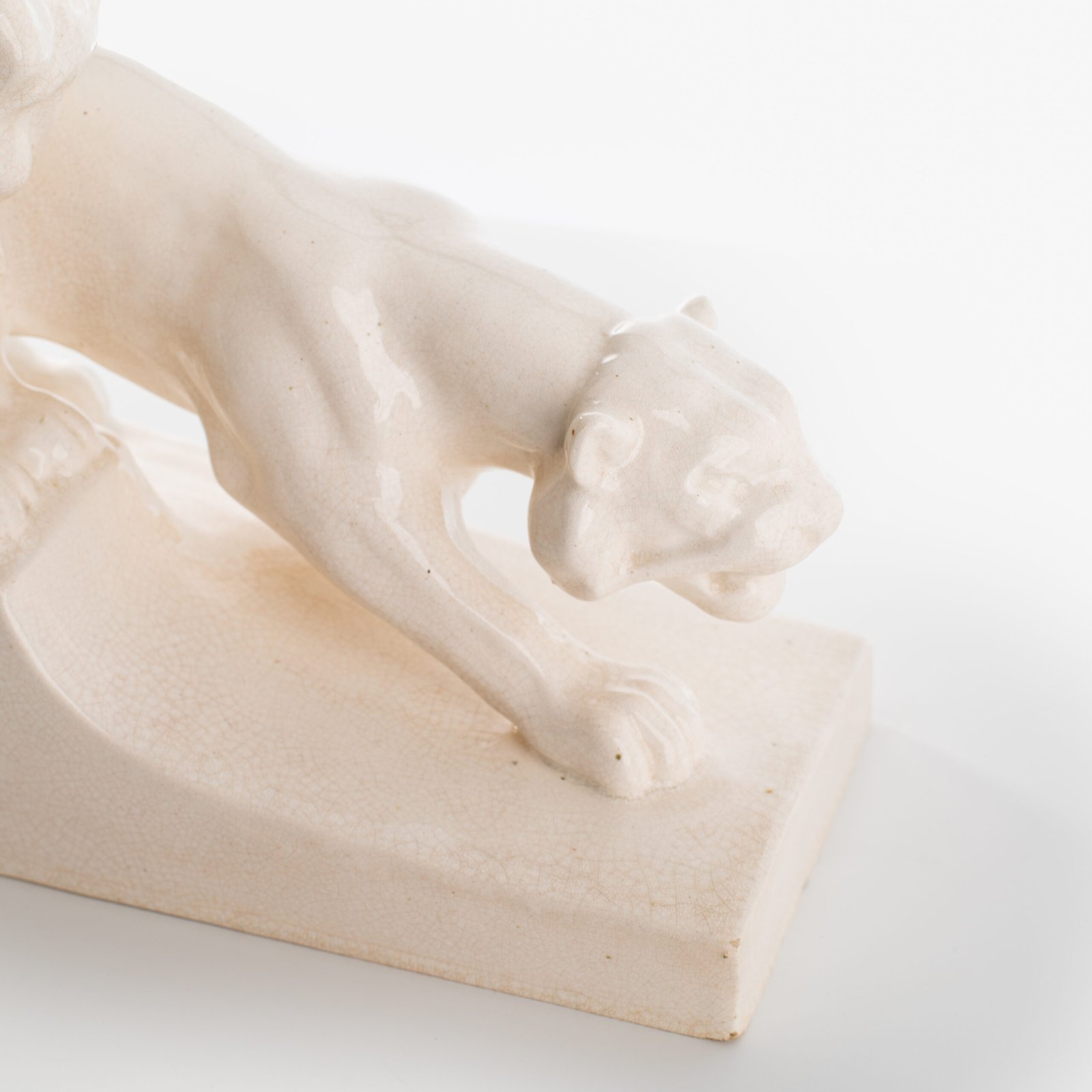 Crackle ceramic sculpture “Lion and Lioness” by L. Francois Great crackle white ceramic sculpture by the prestigious L. Francois. Made in France in the 30s of the last century by Saint-Clément. Dimensions Height 10.62 in Width 5.11 in Depth 18.5 in