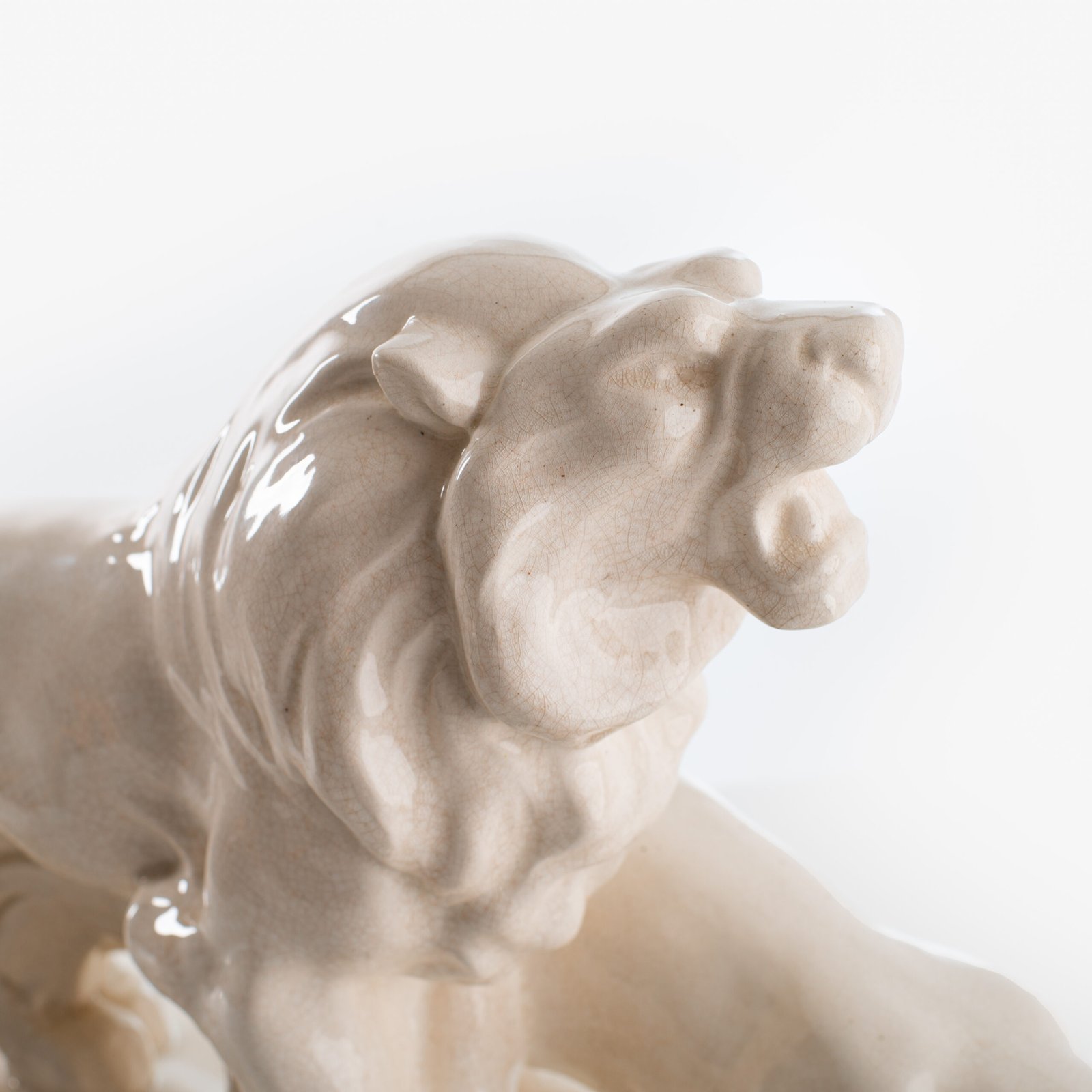 Crackle ceramic sculpture “Lion and Lioness” by L. Francois Great crackle white ceramic sculpture by the prestigious L. Francois. Made in France in the 30s of the last century by Saint-Clément. Dimensions Height 10.62 in Width 5.11 in Depth 18.5 in