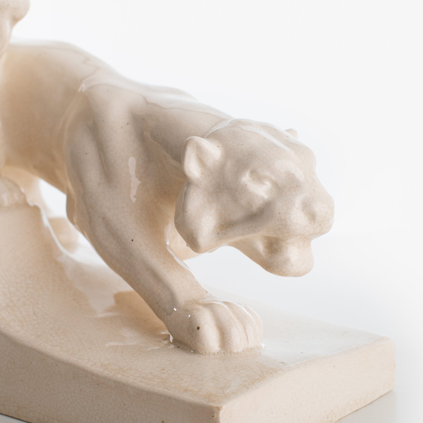 Crackle ceramic sculpture “Lion and Lioness” by L. Francois Great crackle white ceramic sculpture by the prestigious L. Francois. Made in France in the 30s of the last century by Saint-Clément. Dimensions Height 10.62 in Width 5.11 in Depth 18.5 in