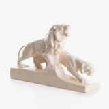 Crackle ceramic sculpture “Lion and Lioness” by L. Francois Great crackle white ceramic sculpture by the prestigious L. Francois. Made in France in the 30s of the last century by Saint-Clément. Dimensions Height 10.62 in Width 5.11 in Depth 18.5 in