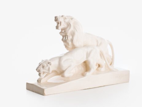 Crackle ceramic sculpture “Lion and Lioness” by L. Francois Great crackle white ceramic sculpture by the prestigious L. Francois. Made in France in the 30s of the last century by Saint-Clément. Dimensions Height 10.62 in Width 5.11 in Depth 18.5 in