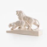 Crackle ceramic sculpture “Lion and Lioness” by L. Francois Great crackle white ceramic sculpture by the prestigious L. Francois. Made in France in the 30s of the last century by Saint-Clément. Dimensions Height 10.62 in Width 5.11 in Depth 18.5 in