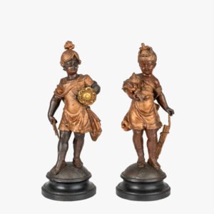 Treasures of Olympus: Sculptures of Mars and Diana - 19th Century Embark on a journey to Olympus with this exquisite pair of neoclassical sculptures depicting the Roman gods Mars and Diana in their infancy. Cast in high quality spelter, finished with a rich brown and gold patina and elevated on wooden bases, these 19th century statuettes are a true work of art.