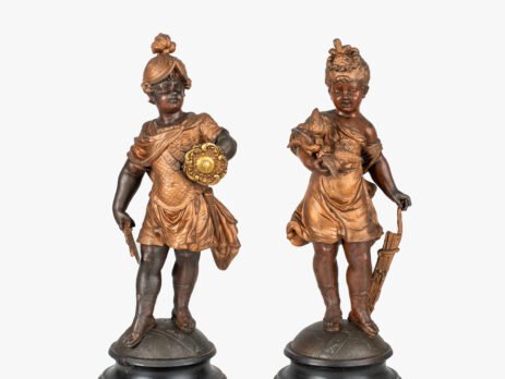 Treasures of Olympus: Sculptures of Mars and Diana - 19th Century Embark on a journey to Olympus with this exquisite pair of neoclassical sculptures depicting the Roman gods Mars and Diana in their infancy. Cast in high quality spelter, finished with a rich brown and gold patina and elevated on wooden bases, these 19th century statuettes are a true work of art.