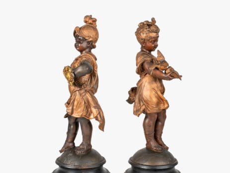 Treasures of Olympus: Sculptures of Mars and Diana - 19th Century Embark on a journey to Olympus with this exquisite pair of neoclassical sculptures depicting the Roman gods Mars and Diana in their infancy. Cast in high quality spelter, finished with a rich brown and gold patina and elevated on wooden bases, these 19th century statuettes are a true work of art.