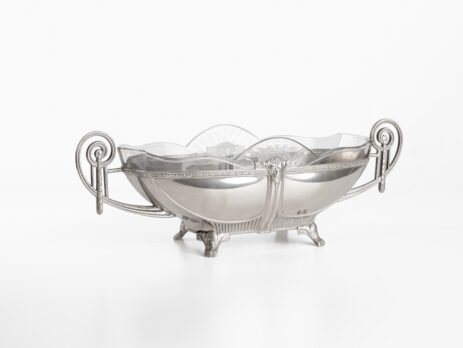 WMF silver plated tin centerpiece, glass insert, 1900's Beautiful Art Nouveau centerpiece made of silver plated tin. Created by WMF Geislingen, Germany, circa 1900's.