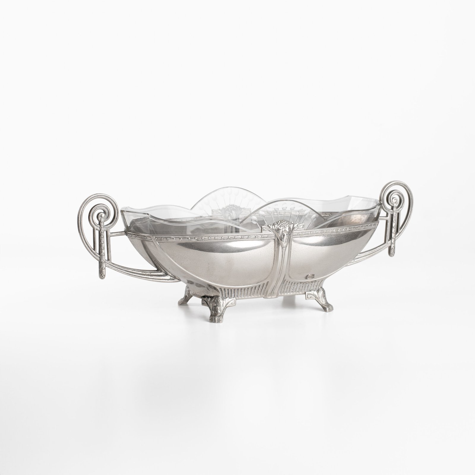 WMF silver plated tin centerpiece, glass insert, 1900's Beautiful Art Nouveau centerpiece made of silver plated tin. Created by WMF Geislingen, Germany, circa 1900's.