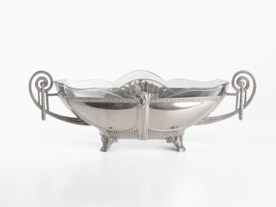 WMF silver plated tin centerpiece, glass insert, 1900's Beautiful Art Nouveau centerpiece made of silver plated tin. Created by WMF Geislingen, Germany, circa 1900's.