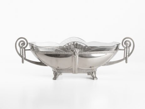 WMF silver plated tin centerpiece, glass insert, 1900's Beautiful Art Nouveau centerpiece made of silver plated tin. Created by WMF Geislingen, Germany, circa 1900's.