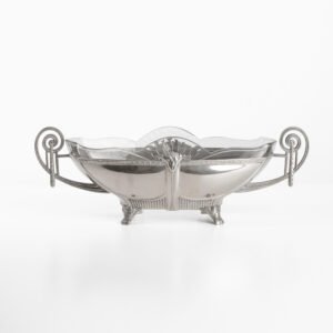 WMF silver plated tin centerpiece, glass insert, 1900's Beautiful Art Nouveau centerpiece made of silver plated tin. Created by WMF Geislingen, Germany, circa 1900's.