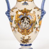 Gien faience vase, late 19th century, Renaissance decoration. Beautiful ceramic vase from the prestigious faiencerie Gien, France. Hand painted, it features a circa 1880 motif inspired by the Italian Renaissance.