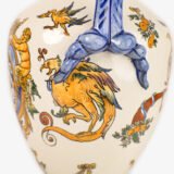 Gien faience vase, late 19th century, Renaissance decoration. Beautiful ceramic vase from the prestigious faiencerie Gien, France. Hand painted, it features a circa 1880 motif inspired by the Italian Renaissance.