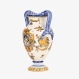 Gien faience vase, late 19th century, Renaissance decoration. Beautiful ceramic vase from the prestigious faiencerie Gien, France. Hand painted, it features a circa 1880 motif inspired by the Italian Renaissance.