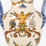 Gien faience vase, late 19th century, Renaissance decoration. Beautiful ceramic vase from the prestigious faiencerie Gien, France. Hand painted, it features a circa 1880 motif inspired by the Italian Renaissance.