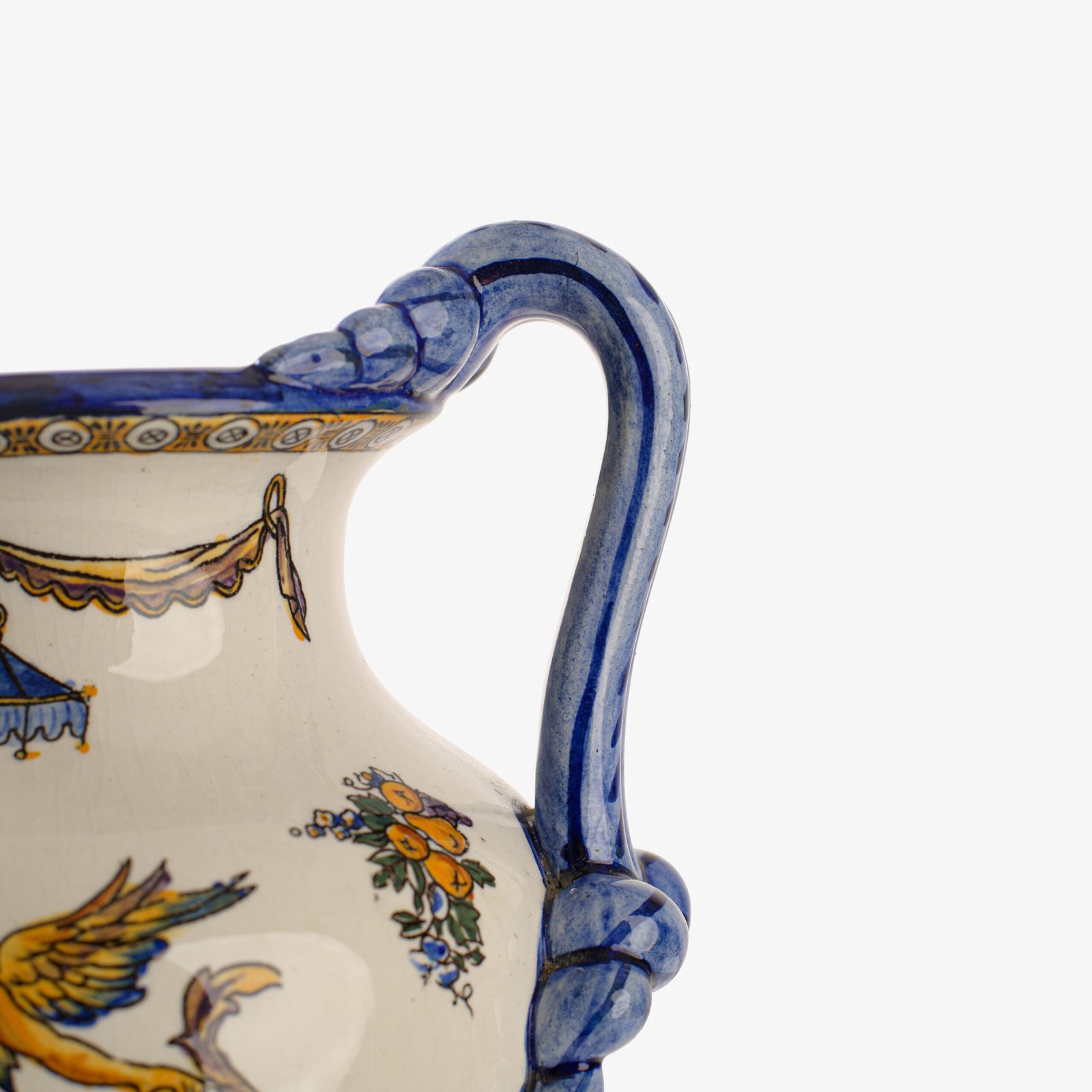 Gien faience vase, late 19th century, Renaissance decoration. Beautiful ceramic vase from the prestigious faiencerie Gien, France. Hand painted, it features a circa 1880 motif inspired by the Italian Renaissance.