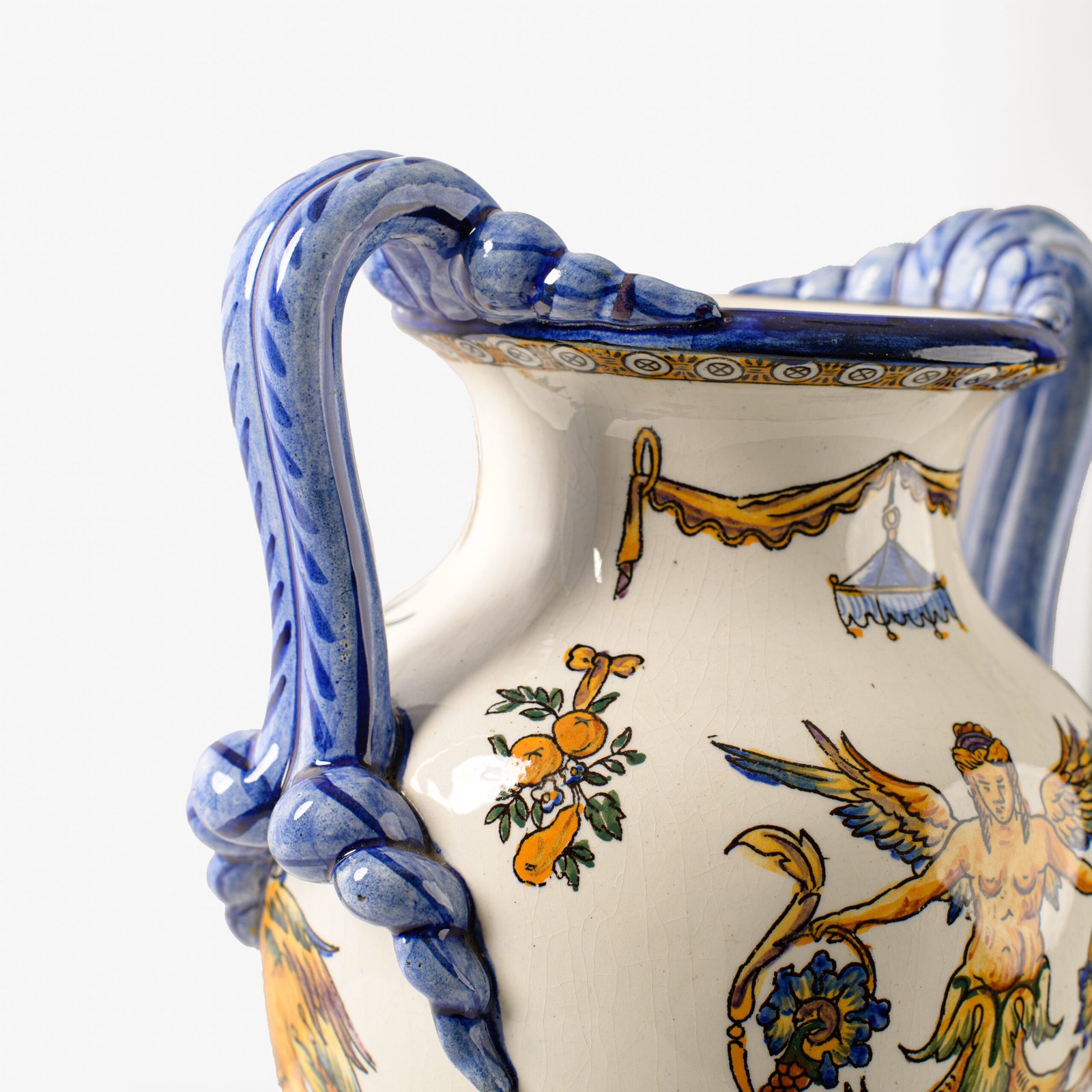 Gien faience vase, late 19th century, Renaissance decoration. Beautiful ceramic vase from the prestigious faiencerie Gien, France. Hand painted, it features a circa 1880 motif inspired by the Italian Renaissance.