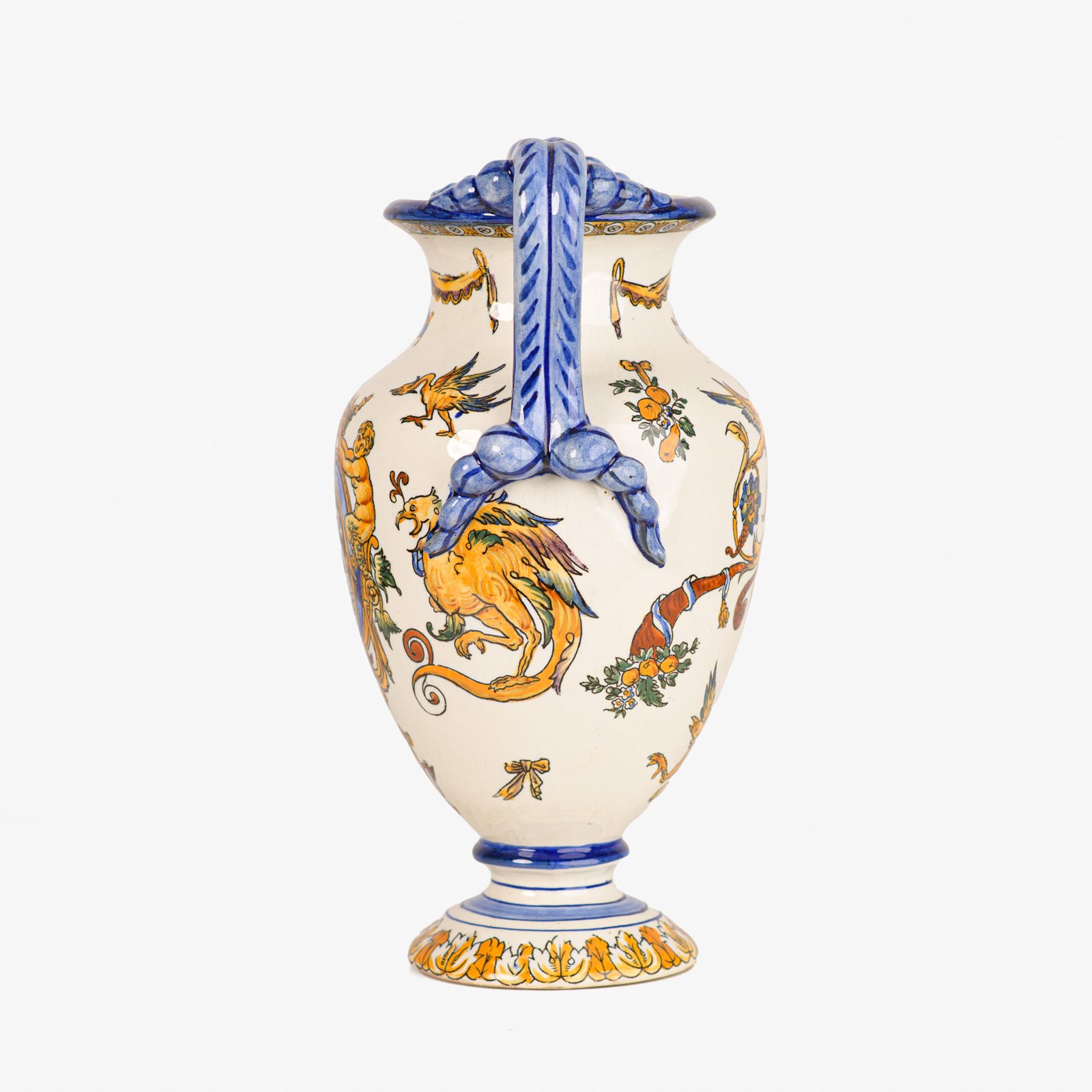 Gien faience vase, late 19th century, Renaissance decoration. Beautiful ceramic vase from the prestigious faiencerie Gien, France. Hand painted, it features a circa 1880 motif inspired by the Italian Renaissance.