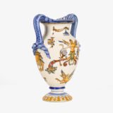 Gien faience vase, late 19th century, Renaissance decoration. Beautiful ceramic vase from the prestigious faiencerie Gien, France. Hand painted, it features a circa 1880 motif inspired by the Italian Renaissance.