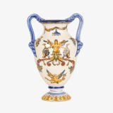 Gien faience vase, late 19th century, Renaissance decoration. Beautiful ceramic vase from the prestigious faiencerie Gien, France. Hand painted, it features a circa 1880 motif inspired by the Italian Renaissance.