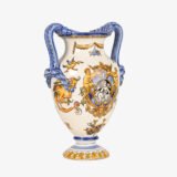 Gien faience vase, late 19th century, Renaissance decoration. Beautiful ceramic vase from the prestigious faiencerie Gien, France. Hand painted, it features a circa 1880 motif inspired by the Italian Renaissance.