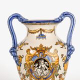 Gien faience vase, late 19th century, Renaissance decoration. Beautiful ceramic vase from the prestigious faiencerie Gien, France. Hand painted, it features a circa 1880 motif inspired by the Italian Renaissance.