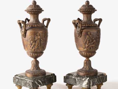 E. Picault pair of French cassolettes 19th century. Important mantelpiece that includes two elegant covered “cassolettes” vases, cast in spelter and patinated in brown and gilt bronze, second half of the 19th century.