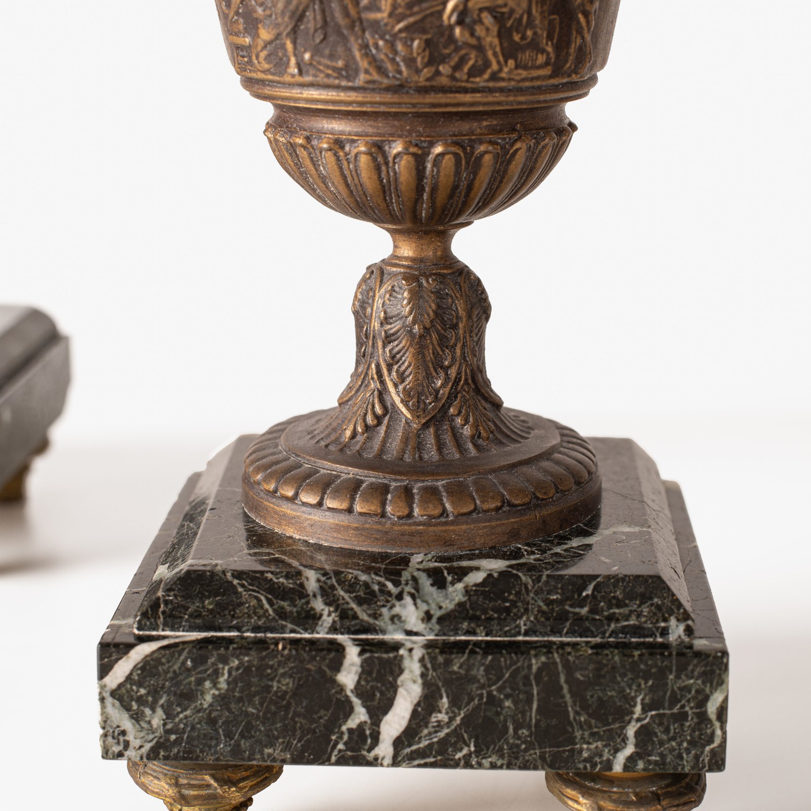 E. Picault pair of French cassolettes 19th century. Important mantelpiece that includes two elegant covered “cassolettes” vases, cast in spelter and patinated in brown and gilt bronze, second half of the 19th century.