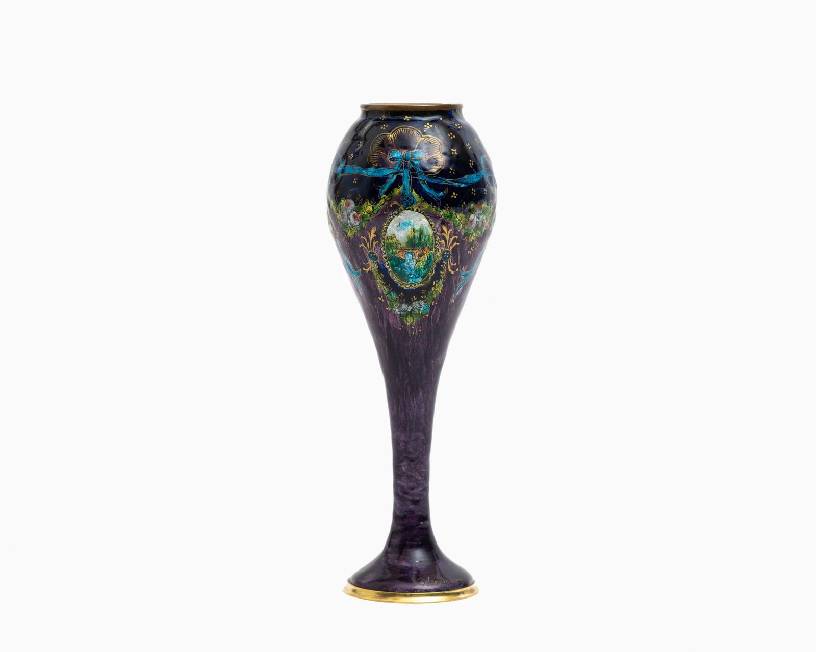 Art Nouveau enamel floral vase - Jules Sarlandie, Limoges Created by the talented Jules Sarlandie for Limoges, this piece impresses with its exquisiteness and fine details. Signed on the edge of the foot.