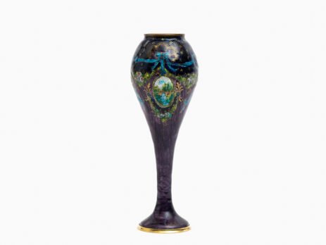 Art Nouveau enamel floral vase - Jules Sarlandie, Limoges Created by the talented Jules Sarlandie for Limoges, this piece impresses with its exquisiteness and fine details. Signed on the edge of the foot.