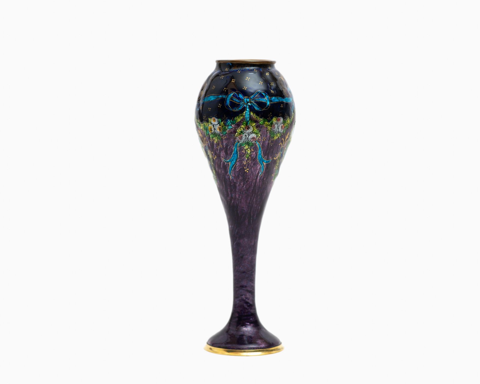Art Nouveau enamel floral vase - Jules Sarlandie, Limoges Created by the talented Jules Sarlandie for Limoges, this piece impresses with its exquisiteness and fine details. Signed on the edge of the foot.